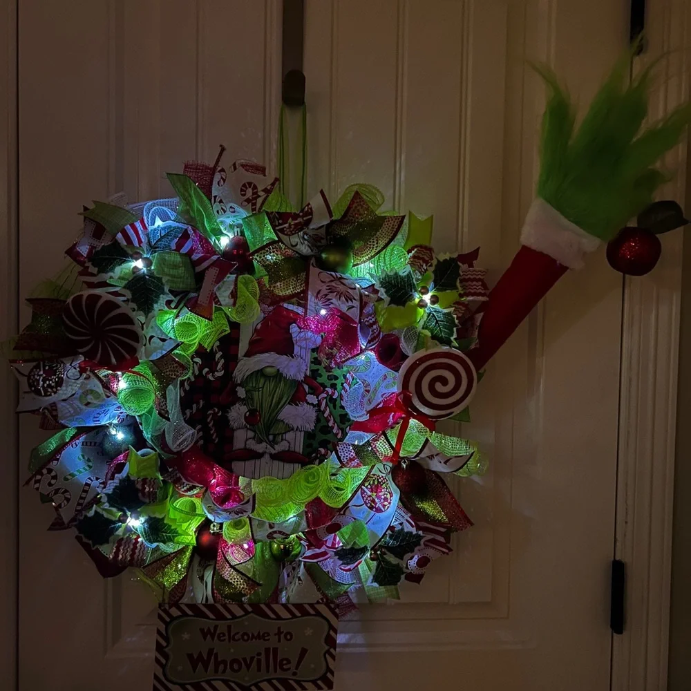 Handmade Christmas Gnome Holiday Ribbon LED Door Wreath 22” W69